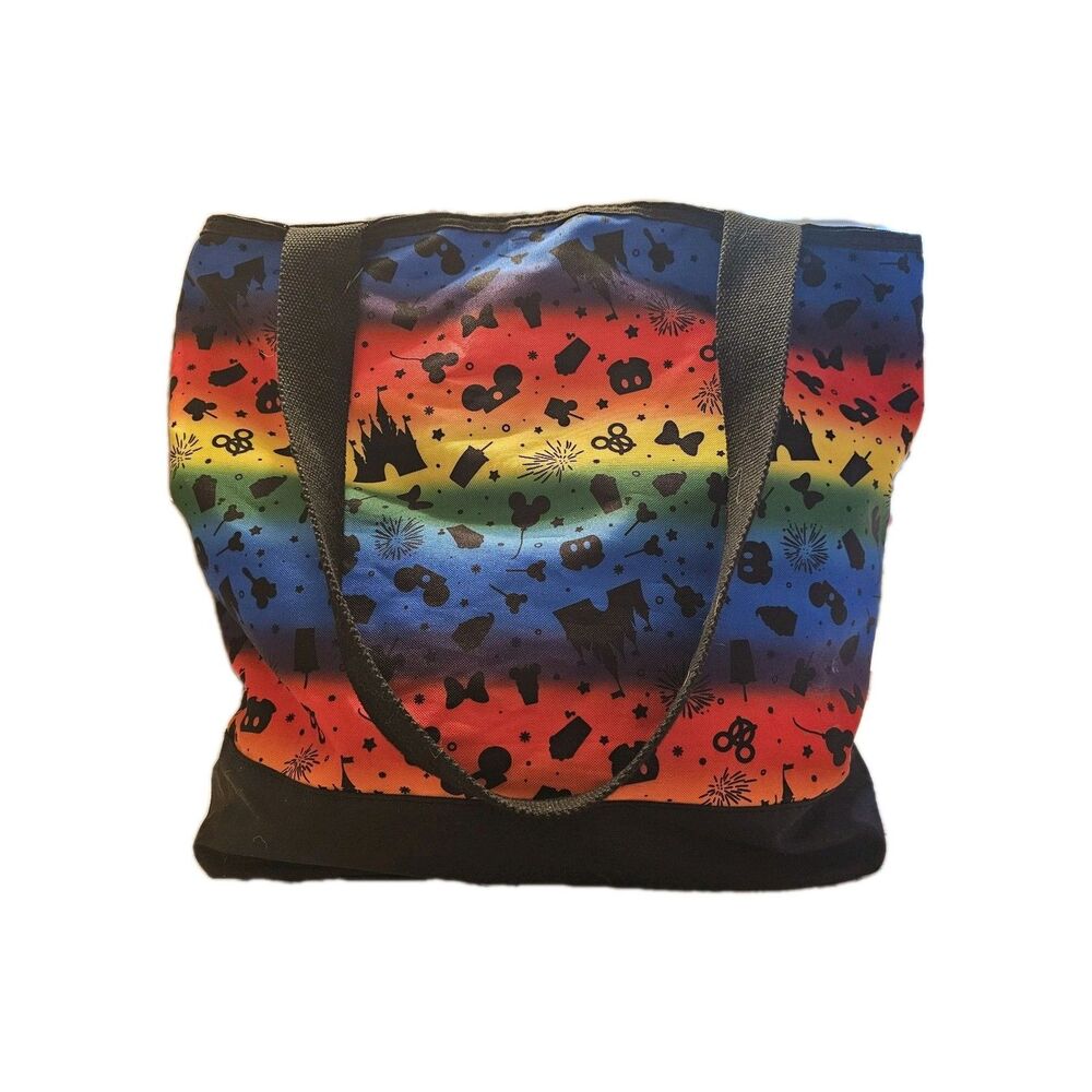 Disney Parks Large Tote Bag Rainbow Hombre Pattern With Park Icons 20"x16"x6"